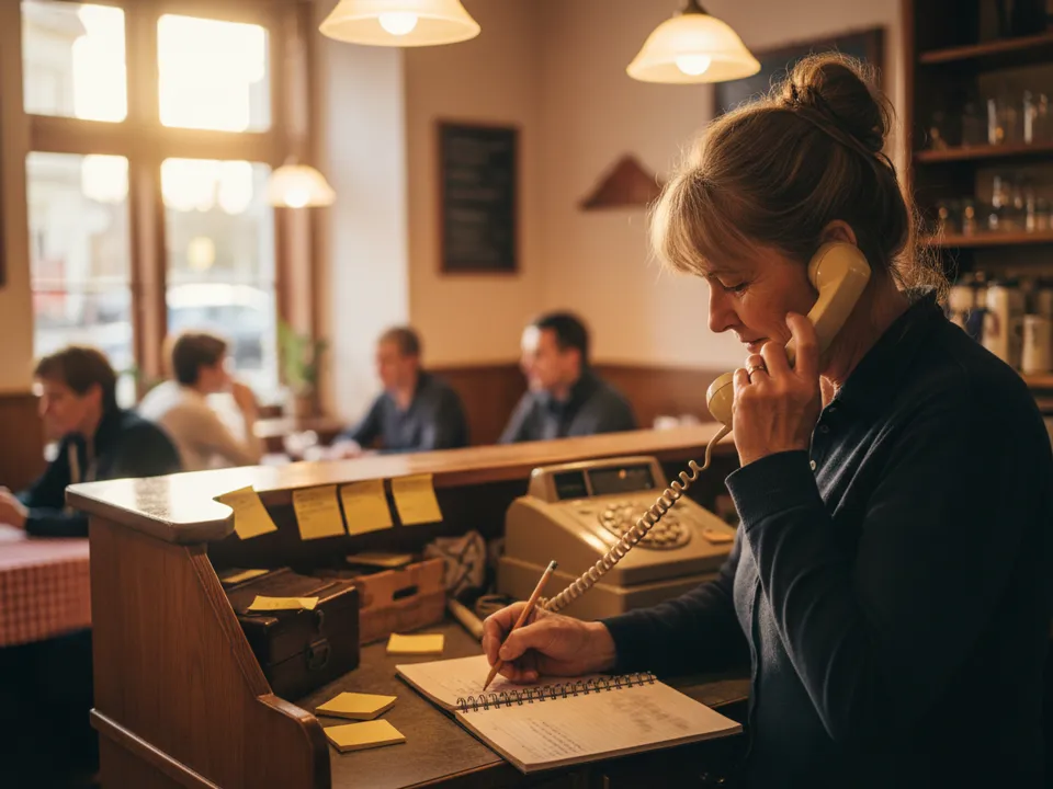 Cafébesitzerin am Abend hinter der Theke: Telefon zwischen Ohr und Schulter, Bestellung wird ins Notizbuch geschrieben
