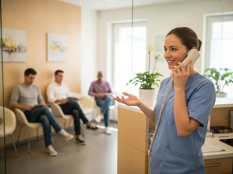 Anmeldung einer Arztpraxis: Mitarbeiterin telefoniert, im Hintergrund warten Patienten
