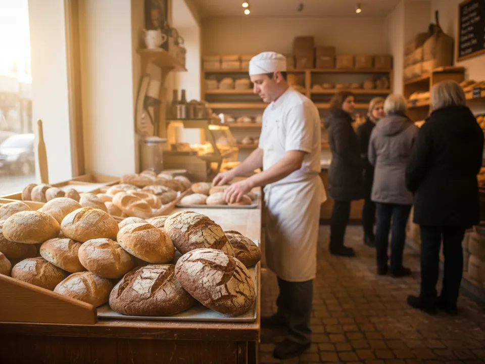 Bäckerei am frühen Morgen: frisches Gebäck in der Vitrine, der Bäcker richtet die Bleche
