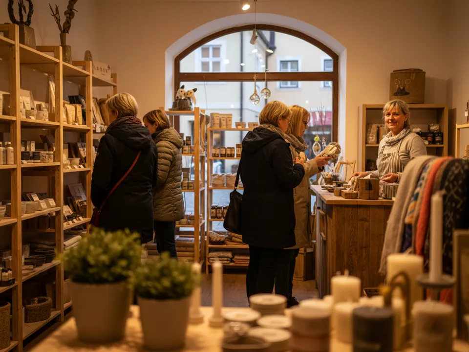 Mehrere Kundinnen stöbern zwischen Holzregalen, Inhaberin lächelt hinter der Theke mit Kerzen und Keramik