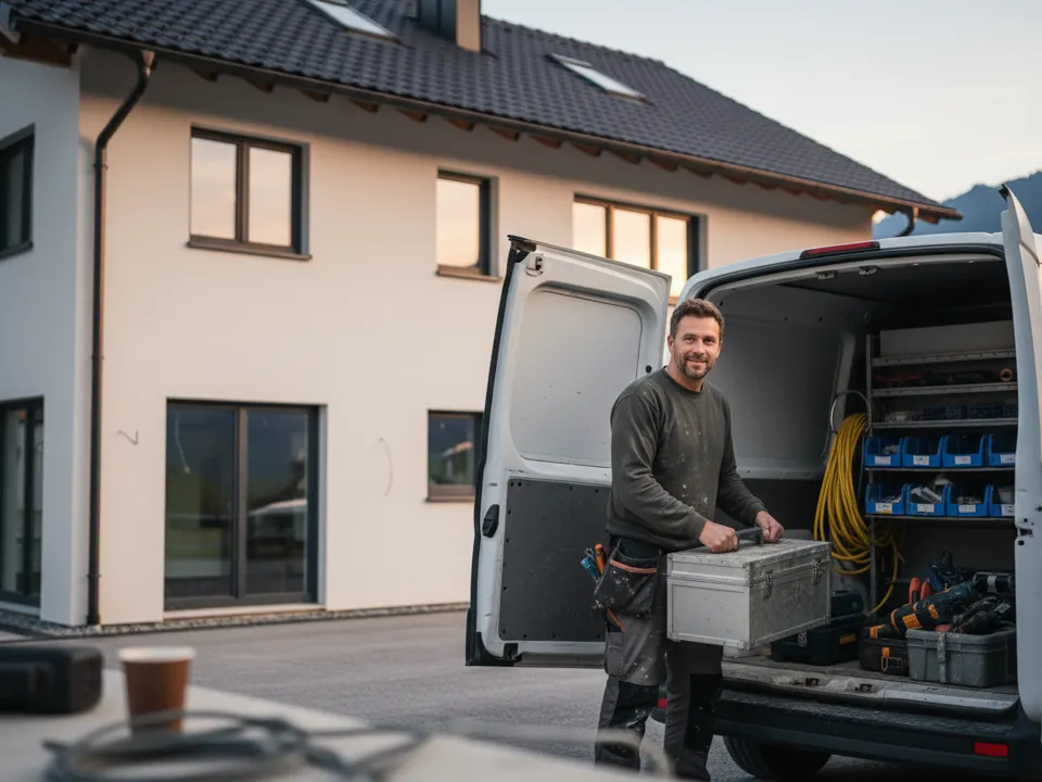 Elektriker lädt in der Dämmerung den Werkzeugkoffer in den Bus, dahinter das fertige Haus