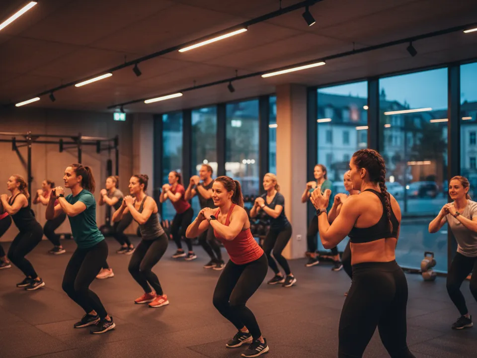 Volle Abendgruppe im Studio geht synchron in die Kniebeuge, blaue Stunde hinter den Panoramafenstern