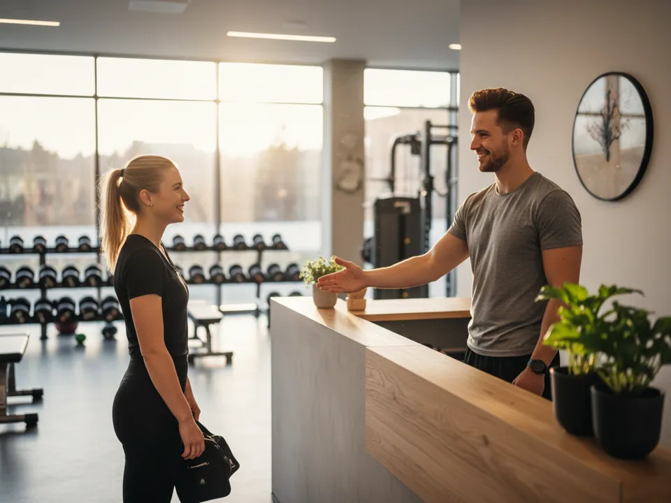 Trainer begrüßt ein Mitglied am Empfang eines modernen Fitnessstudios