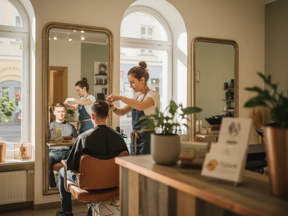 Friseurin schneidet konzentriert einer Kundin die Haare, der Empfangstresen im Vordergrund