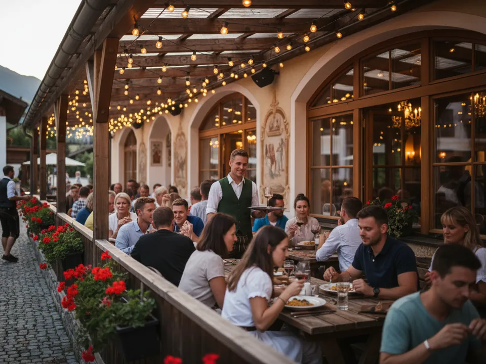 Volle Terrasse unter Lichterketten, Gäste beim Abendessen, entspannter Kellner mit Tablett, Berge dahinter