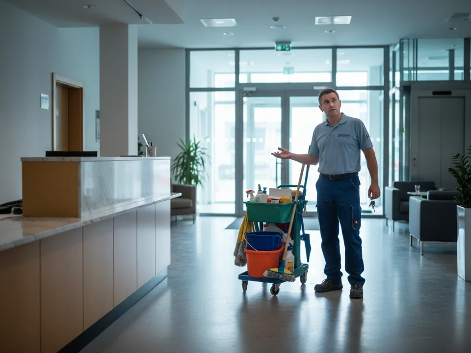 Reinigungskraft mit Putzwagen im leeren Bürogang am frühen Morgen, Licht nur im Stiegenhaus