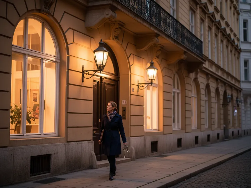 Hausverwalterin mit Mappe und Schlüsselbund verlässt den beleuchteten Wiener Altbau in der Dämmerung