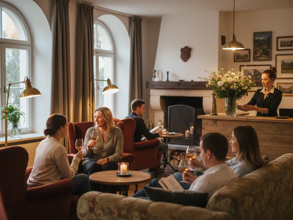 Gäste mit Gläsern am Kamin der Hotellounge, Rezeptionistin richtet in Ruhe Blumen am Empfang