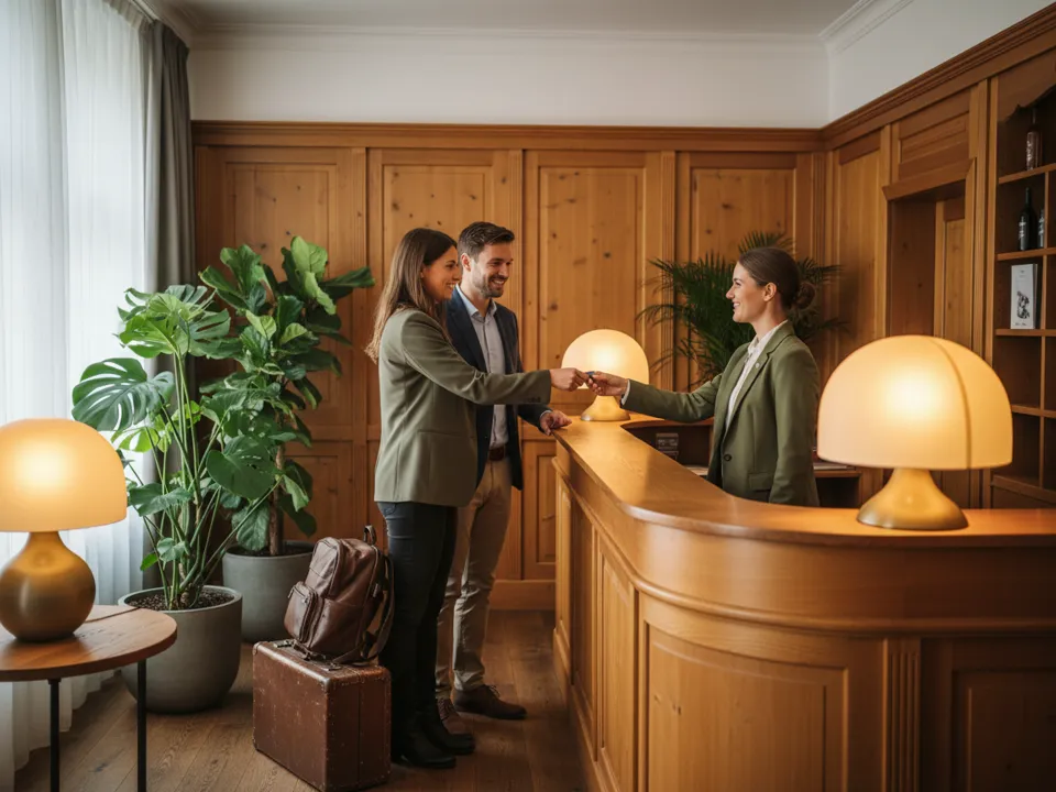 Rezeptionistin übergibt ankommenden Gästen die Zimmerkarte in einem kleinen Hotel