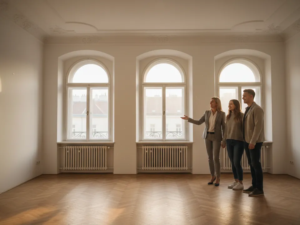 Makler zeigt einem jungen Paar eine leere, helle Altbauwohnung mit Parkettboden und hohen Fenstern