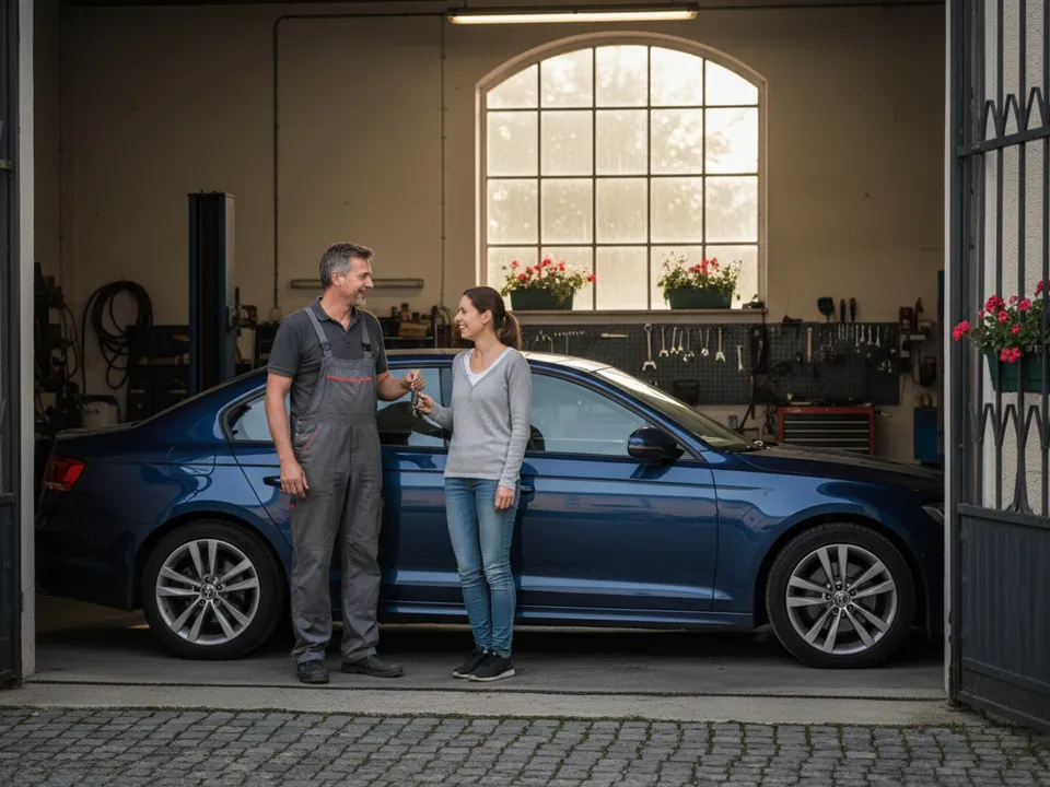 Mechaniker übergibt einer zufriedenen Kundin den Autoschlüssel, daneben eine blaue Limousine