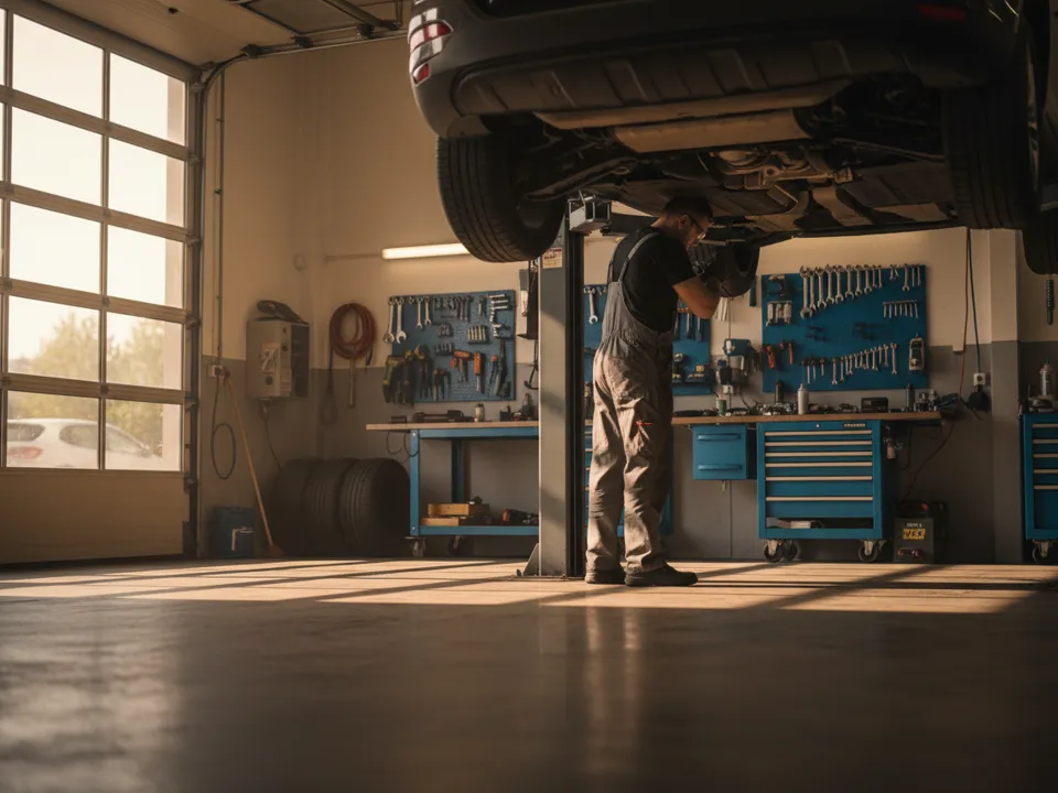 Mechaniker arbeitet unter einem Auto auf der Hebebühne einer aufgeräumten Werkstatt