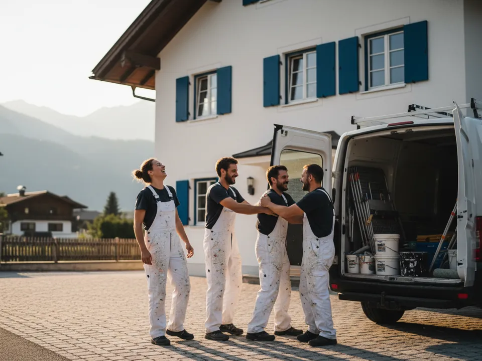 Malertrupp lacht am Feierabend vor einem frisch renovierten Haus, der Transporter wird geschlossen