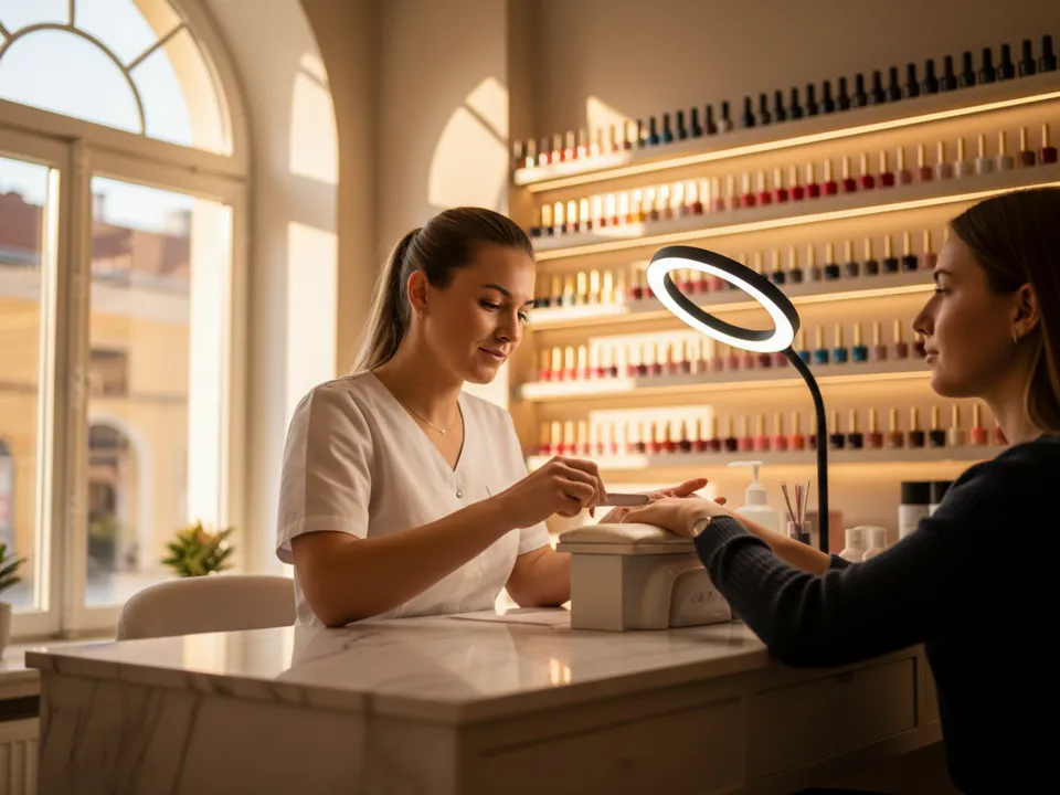 Nageldesignerin arbeitet konzentriert an den Nägeln einer Kundin im hellen Studio