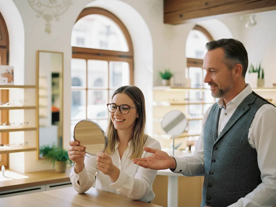 Optikermeister übergibt einer Kundin die fertige Brille und richtet sie am Ohr, im Hintergrund die Fassungswand
