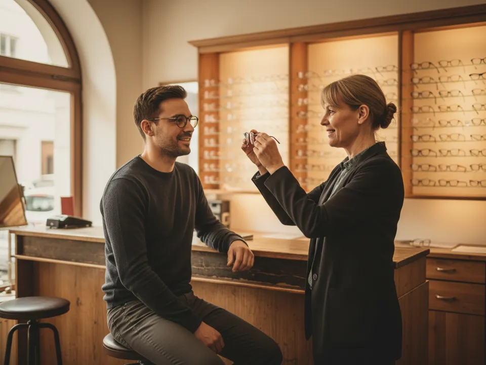 Optikergeschäft am Vormittag: Fassungen an der Wand, der Optikermeister zentriert eine Brille an der Werkbank