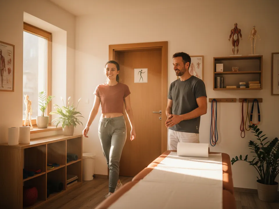 Physiotherapeutin verabschiedet einen Patienten an der Rezeption, im Hintergrund der helle Therapieraum