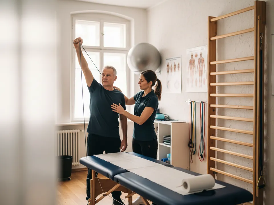 Therapieraum am Nachmittag: leere Behandlungsliege, Theraband und Hantel liegen bereit