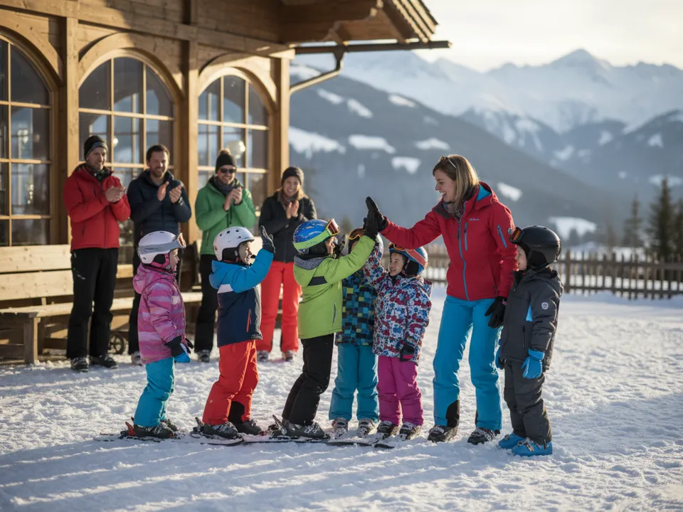 Skilehrer führt eine Kindergruppe am späten Nachmittag zum Sammelplatz zurück, Eltern warten am Rand