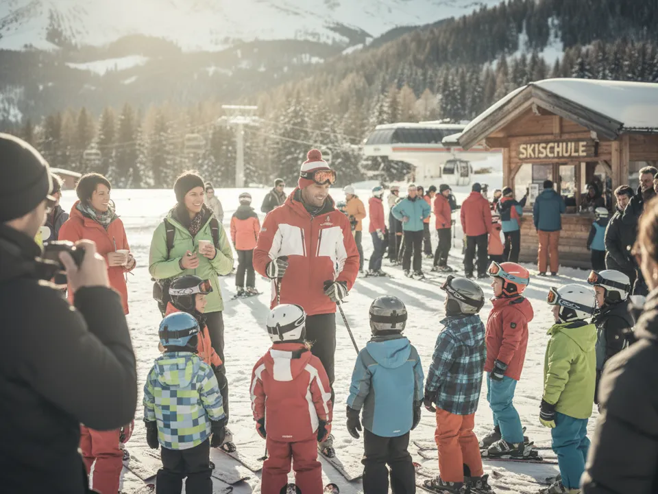 Sammelplatz einer Skischule am Morgen: Kinder in bunten Leibchen, Skilehrer mit Aufsteller, Eltern daneben
