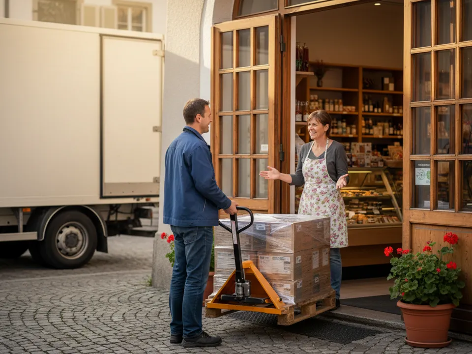 Fahrer reicht dem Lagerleiter das Handy zur Unterschrift, dahinter der offene Lkw an der Rampe