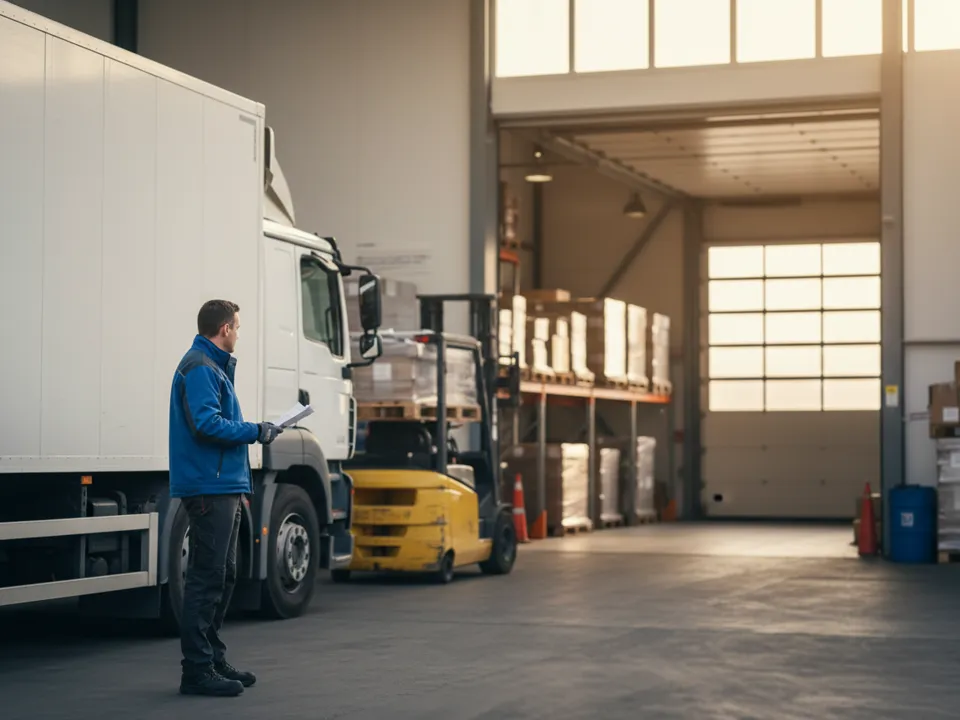 Lkw an der Rampe am Vormittag: Paletten stehen abgeladen im Hof, der Fahrer hält den Lieferschein in der Hand