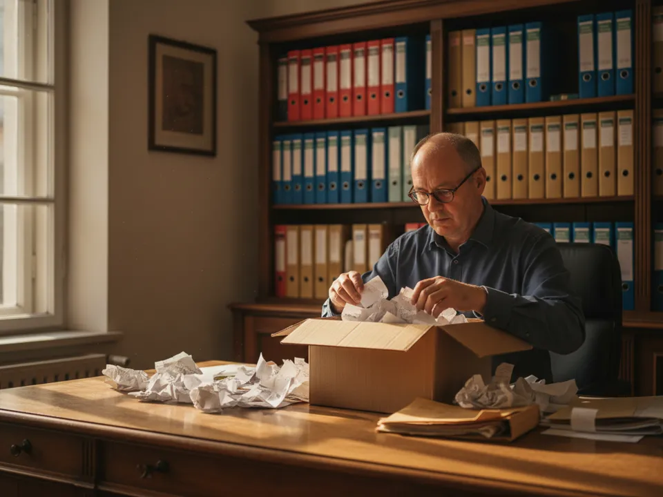 Steuerberater sortiert am späten Nachmittag einen Karton voller Belege am Schreibtisch, dahinter Regale mit Ordnern