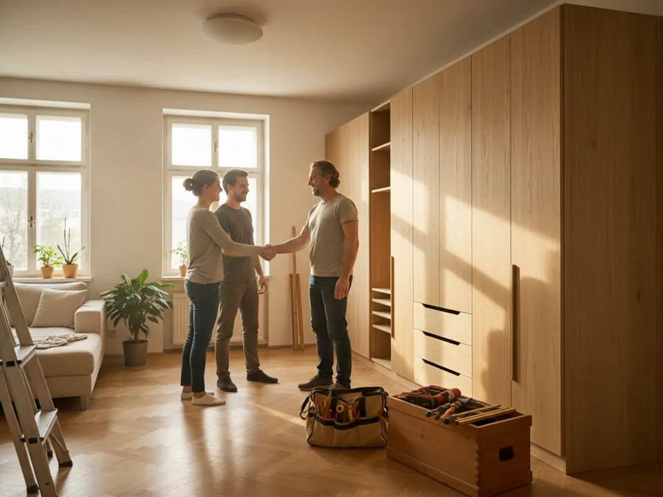 Tischler übergibt einer Kundin den fertig montierten Einbauschrank und zeigt ihr das Protokoll am Handy