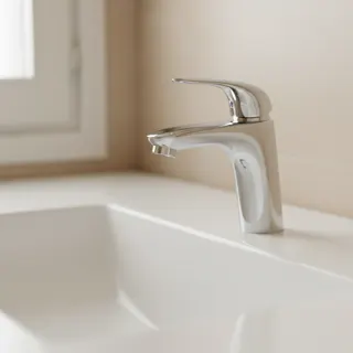 Chrom-Armatur auf weißem Waschbecken