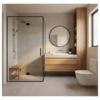 Bad mit Dusche und Holzverkleidung