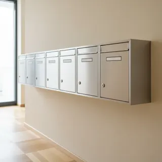 Reihe silberner Briefkästen im Hauseingang
