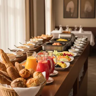 Frühstücksbuffet mit Brot, Obst und Säften
