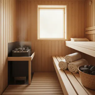 Private Sauna aus Holz mit Handtüchern