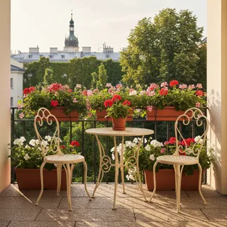 Sonniger Balkon mit kleinem Tisch und zwei Sesseln