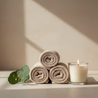 Gerollte Handtücher mit Kerze und Eukalyptus