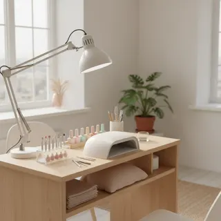 Heller Arbeitsplatz im Nagelstudio mit Lampe und Werkzeug