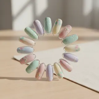 Musterfächer mit Nageldesigns in Pastelltönen