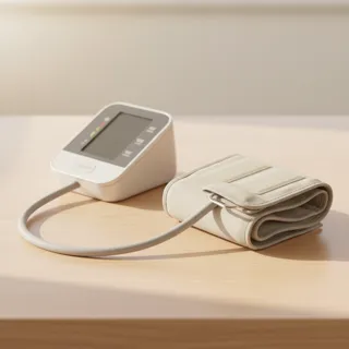 Blutdruckmessgerät mit Manschette auf dem Tisch