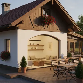 Vereinsheim mit Terrasse am Abend