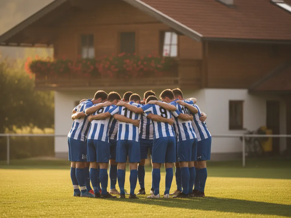 Komplette Fußballmannschaft im Kreis vor dem Vereinsheim, Arme auf den Schultern, goldenes Morgenlicht