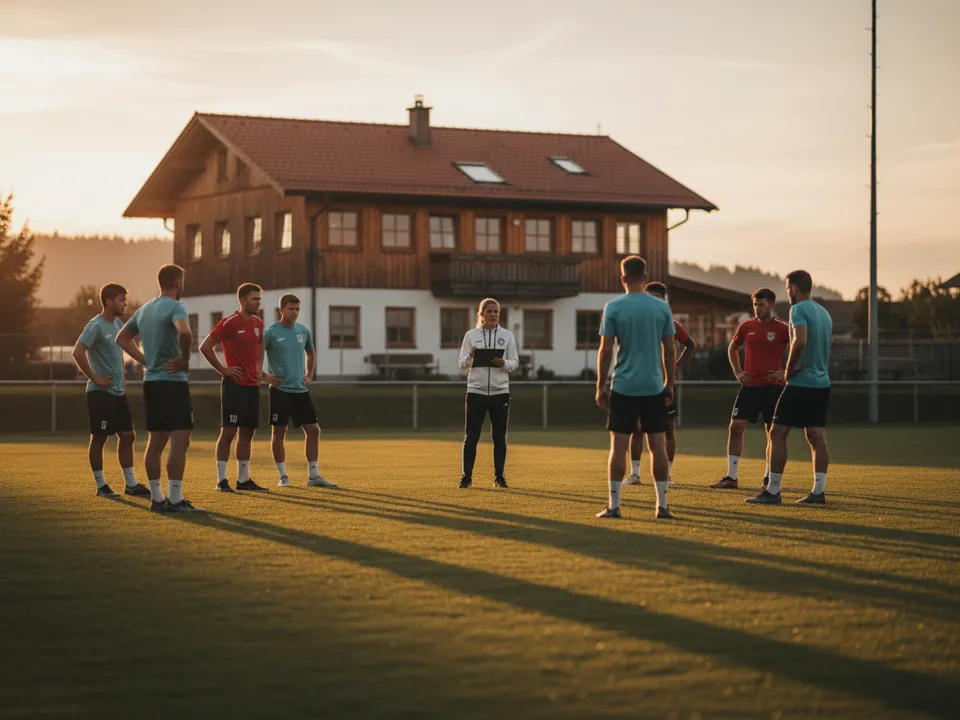 Trainer mit Klemmbrett spricht am Abend mit Spielern auf dem Vereinsplatz